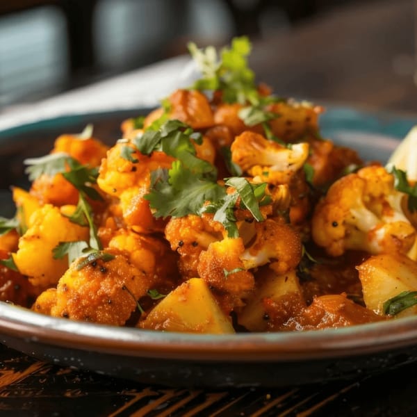 A close-up of Everest Indian Cuisine's Gobi Aloo, a vibrant dish of spiced cauliflower and potatoes.