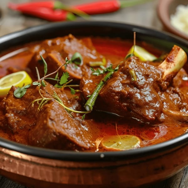 Rich Indian lamb curry with bone-in meat, garnished with lemon slices and fresh herbs.