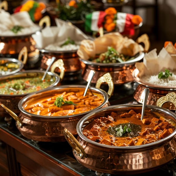 A buffet of various Indian dishes, including curries, rice, and naan bread, in copper serving bowls.