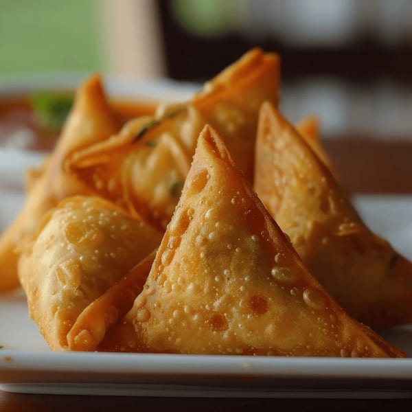 Close-up of golden-brown, crispy Indian samosas on a white plate, ready to be served.