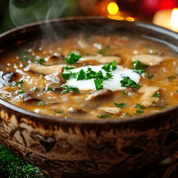 Steaming bowl of Indian mushroom soup with cream and parsley, against a festive background.